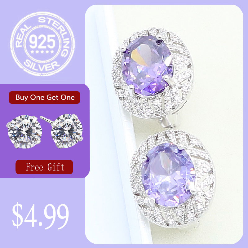Geometric Purple Amethyst 925 Silver Hoop Earrings for Women Clip Jewelry Free Gift