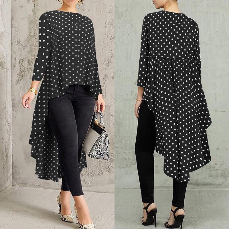 Stylish Printed Asymmetrical Tunic Women's Polka Dot Blouse ZANZEA Spring Long Sleeve Shirts Female Pleated Tops Oversized 5XL 200925