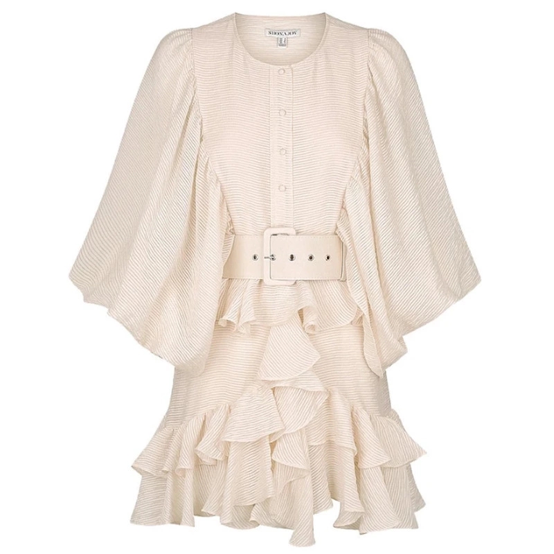 Fashion- Australian trendy catwalk style Vintage-style pleated multi-level flowing lantern sleeve belt dress
