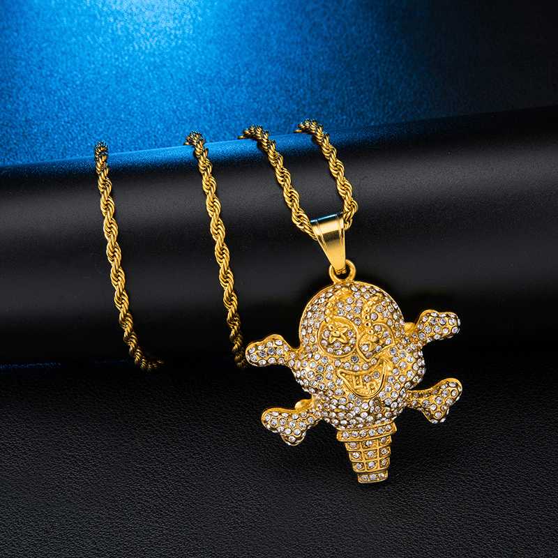 Bling Iced Out Skull Necklace & Pendants Paved Rhinestoned Pendant Stainless Steel Chain For Men Hip Hop Jewelry