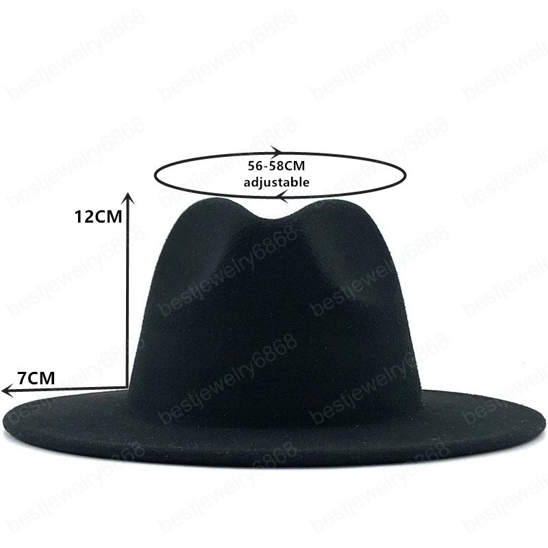 Unisex Outer black Inner Red Wool Felt Jazz Fedora Hats with Men Women Wide Brim Panama Trilby Cap