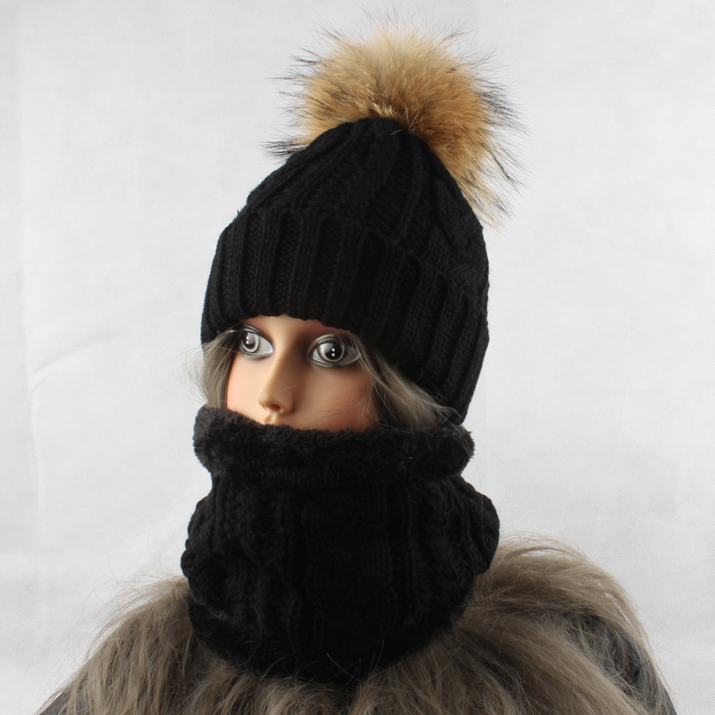 2020 Womens Hat With Scarf Warm Fleece Inside Beanie Girls Winter Cap For Women Real Mink Fur Pompom Hat Female Knitted Caps LJ200915
