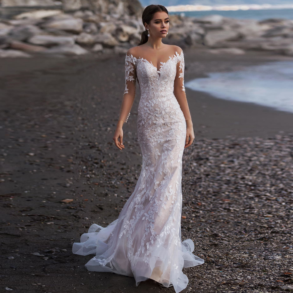 Sexy Scoop Long Sleeves Mermaid Wedding Dresses abito da sposa SweepGown vestido de casamento, Ivory
Sexy Scoop Long Sleeves Mermaid Wedding Dresses abito da sposa SweepGown vestido de casamento, Ivory