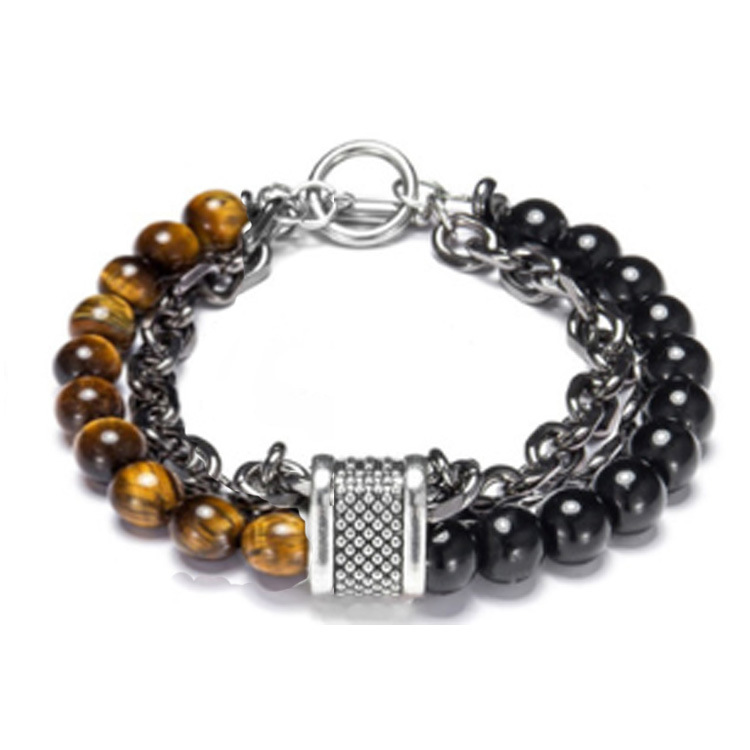 Natural Map Tiger Eye Howlite Stone Men's Beaded Bracelet Stainless Steel Chain Link Bracelets Bangle Male Jewelry