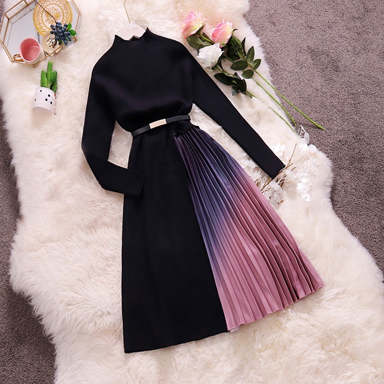 HISUMA autumn winter new women o-neck long sleeve knitted with chiffon pleated fairy dress female chic elegant sweater dresses T200911