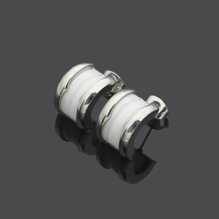 Europe America Style Lady Women Titanium Steel B Initials C-shape Black White Ceramic Spiral Stud Earrings 3 Color