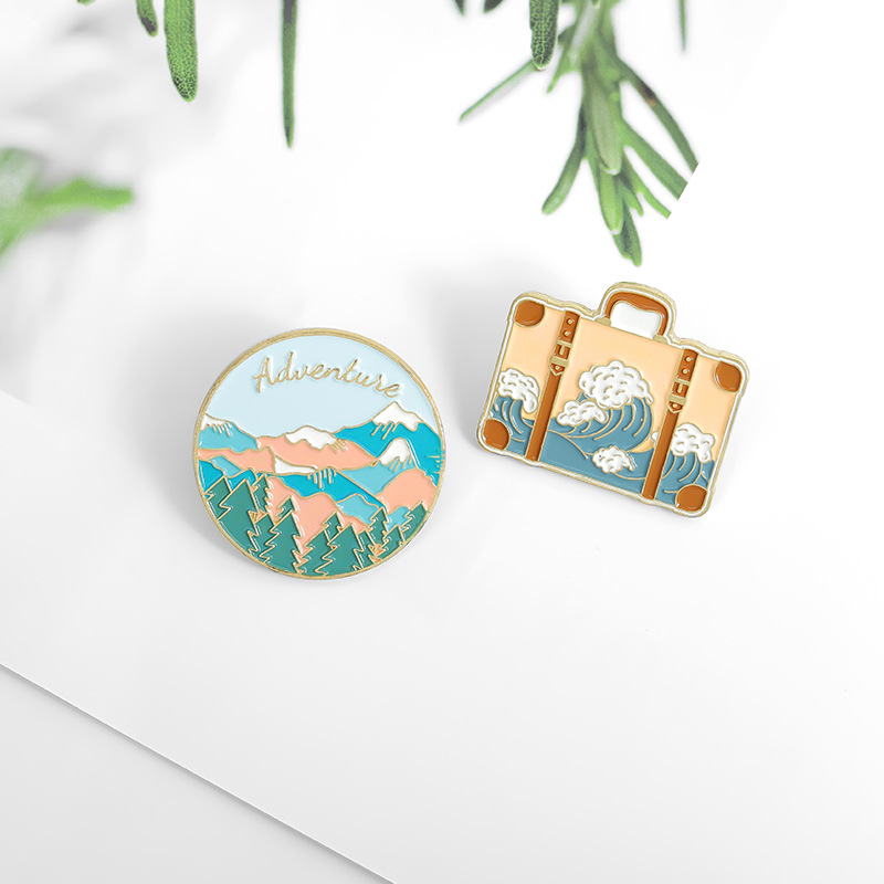 New Cartoon Suitcase Round Brooches Sea Waves Landscape Mountain Forest Cute Enamel Pins Fashion Jewelry For Friend Lapel Denim Badges