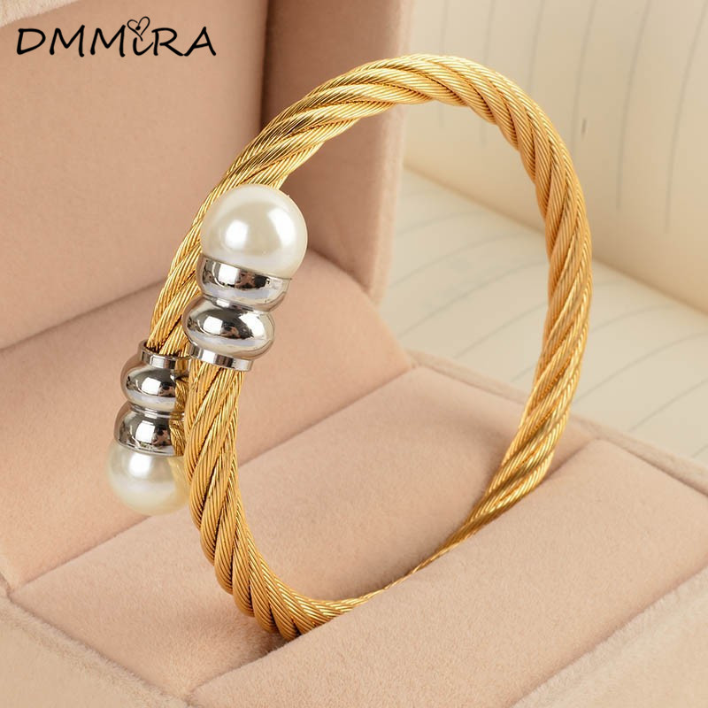 Fashion Women Men Color Gold Pearls Clasp Twist Stainless Steel Open Cable Wire Rope Bracelet Pulseiras Jewelry
Fashion Women Men Color Gold Pearls Clasp Twist Stainless Steel Open Cable Wire Rope Bracelet Pulseiras Jewelry