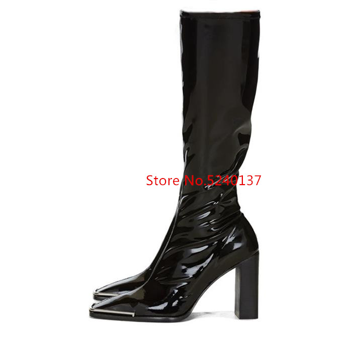 Metal Decoration Square Toe Women Boots 2020 New Autumn/Winter Suede/Patent Leather Side Zip European Design Slim Fashion Boots, As pic
Metal Decoration Square Toe Women Boots 2020 New Autumn/Winter Suede/Patent Leather Side Zip European Design Slim Fashion Boots, As pic