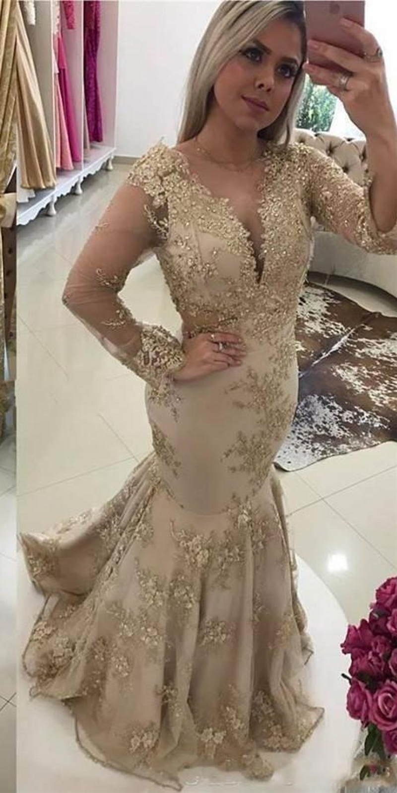 Scoop Long Sleeves Mermaid Evening Dresses Lace Appliques Beading Natural Waistline Ladies Prom Party Gowns Custom Made Formal Beading