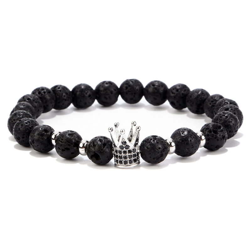Fashion Gold Crown CZ Charm Men Volcanic rock Bracelets for Women Black lava Natural Stone Beads Strand Bracelet Dropshipping
