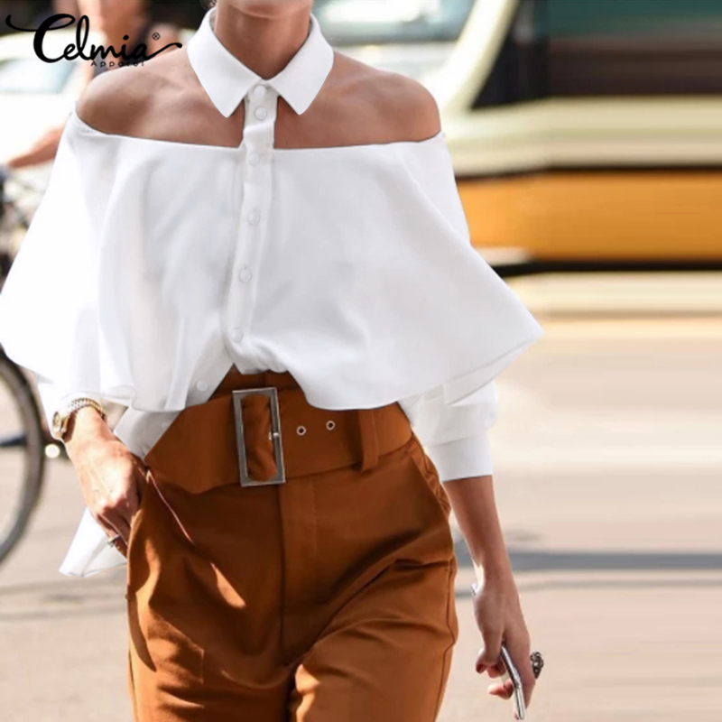Womens Blouses Shirts Women Cold Shoulder Blouse Celmia Sexy Halter Shirt Summer Ruffles Solid Office Casual Tops Buttons Party Blus AAA
