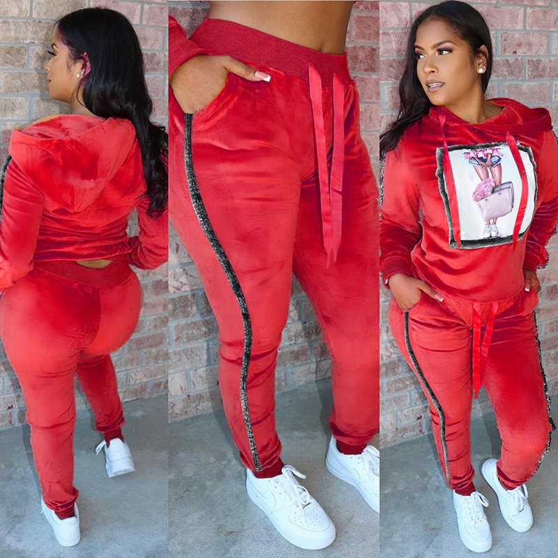 TWO PIECE SET Velvet Women Velour Tracksuit Hoodies Jogger Pants Patchwork Sweat Suits Pattern Sweatsuit Street Warm Winter 2 pc T200916