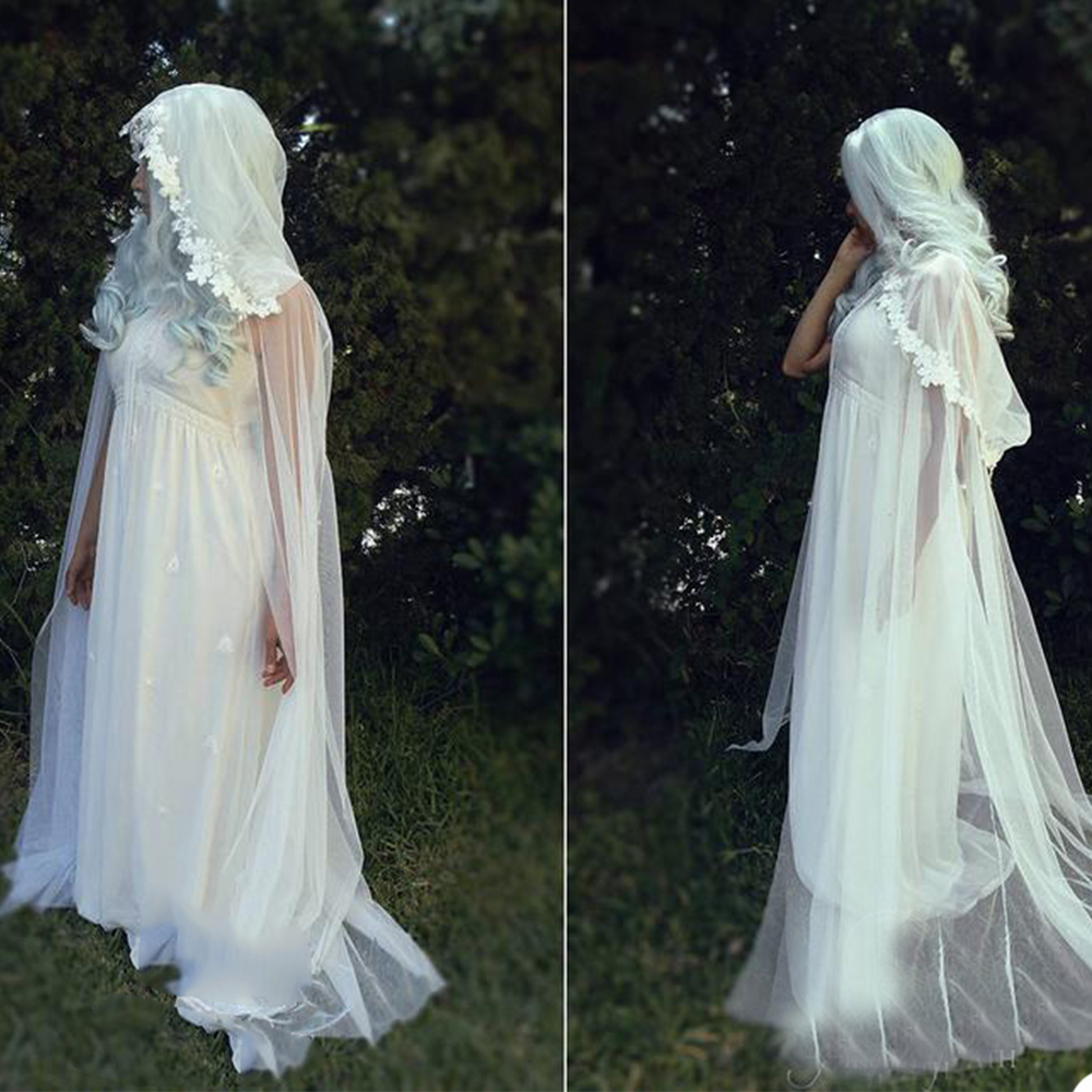 Wraps & Jackets Cheap Bridal Manteau White Tulle with Lace Appliqued Sweep Length Bridal Special Party Banquet Wrap Wedding Bride Cape