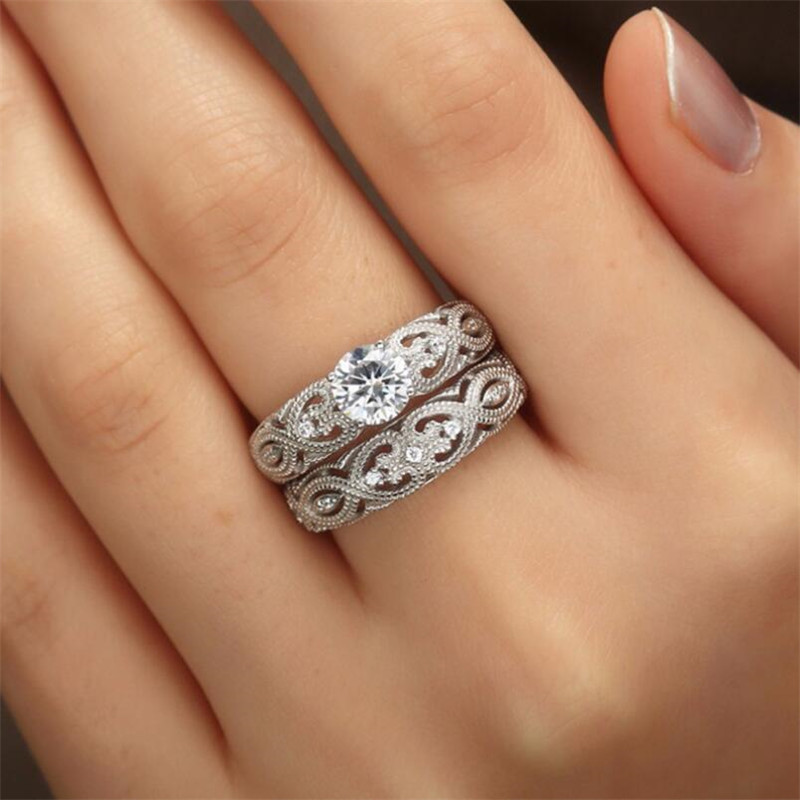 2020 New Arrival Unique Vintage Jewelry Sterg Sier Round Cut White Topaz CZ Dia Gemstones Hollow Eternity Women Bridal Ring Set