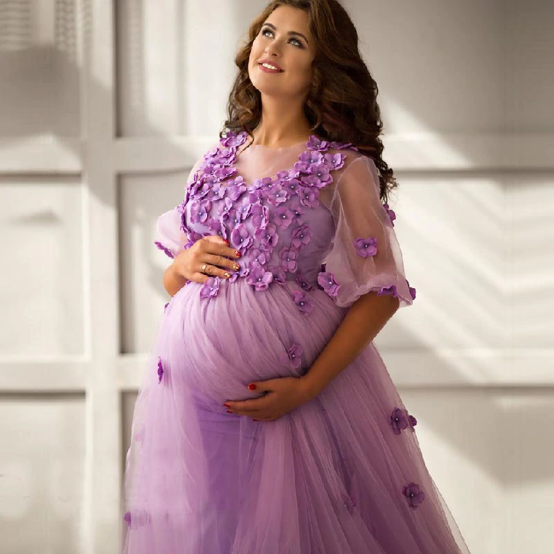 Romantic Empire Waist Pregnant Wedding Dresses 3D Flowers Appliques Princess Half Sleeve Garden Bridal Gowns Plus Size Women Wedding Dress