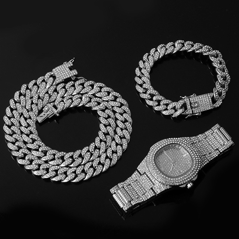 Chains Full Necklace +Watch+Bracelet Hip Hop Miami Curb Cuban Chain Gold Iced Out Paved Rhinestones CZ Bling For Men Jewelry1