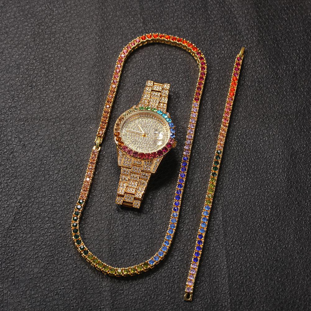 New Hip Hop Fashion 18K Gold Bling Colorful Diamond Tennis Chain Necklace Choker Bracelet Watch Mens and Womens Bracelets Jewelry Sets Gifts