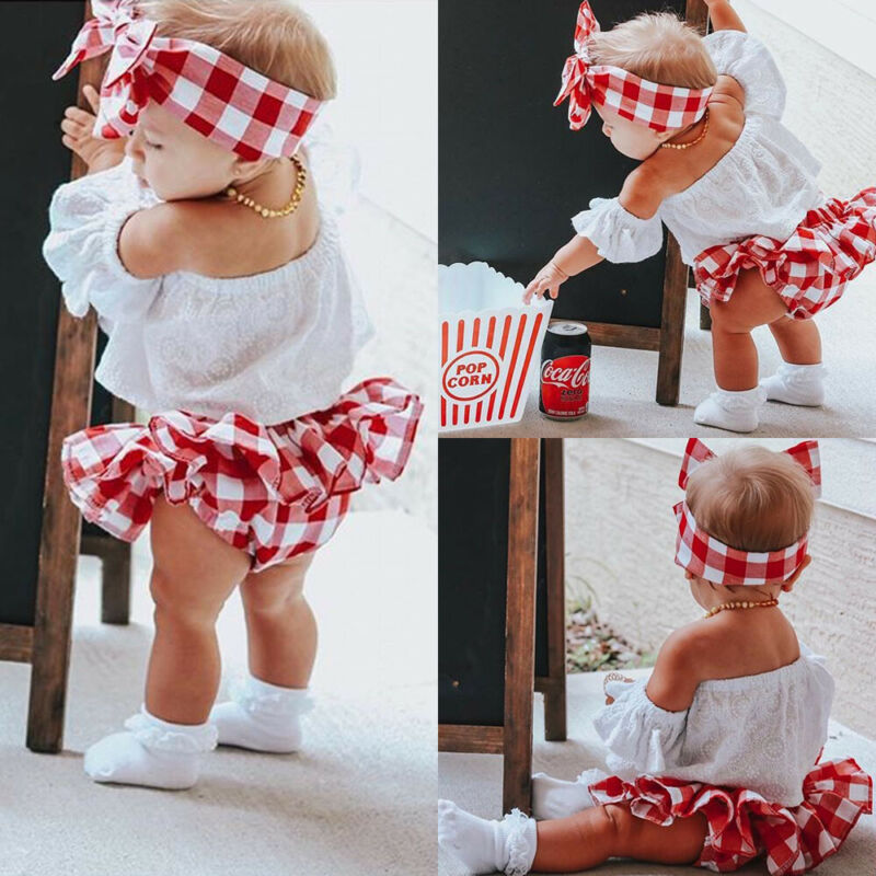 Baby Girl Sweet Clothes Infant Plaid Cute Newborn Baby Girl 3pcs Off Shoulder Tops+ Short Dress+headband Outfits 0-24 Months