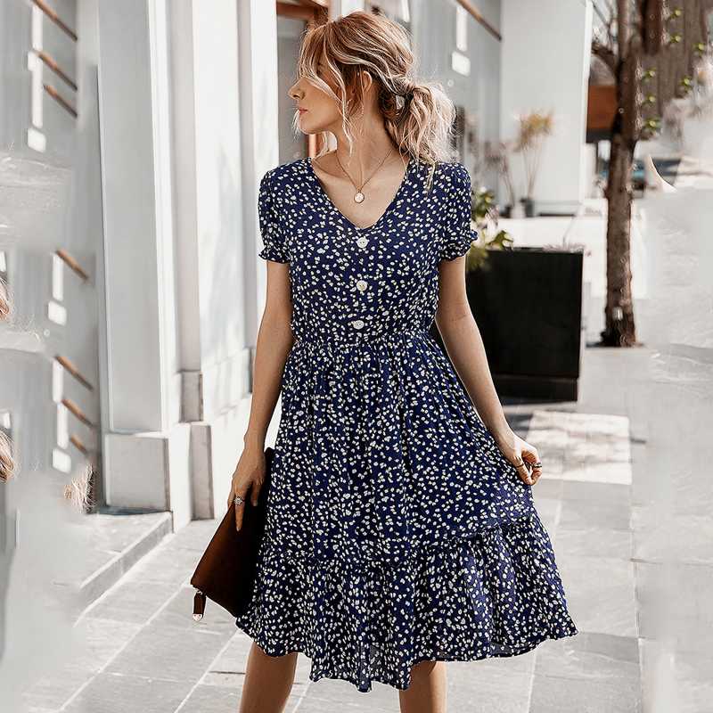 Summer 2020 Women' Small Floral Dress High Waist Knee Length Vestoidos Feminina Print Slim Short-sleeved V-neck with Button, Red
Summer 2020 Women' Small Floral Dress High Waist Knee Length Vestoidos Feminina Print Slim Short-sleeved V-neck with Button, Red