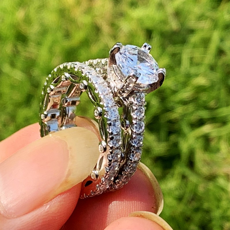 Couple Sier: Sterling Sier Round Cut Gemstone Bridal Ring Set with White Topaz, Elegant Promise Rings for Couples Free shipping