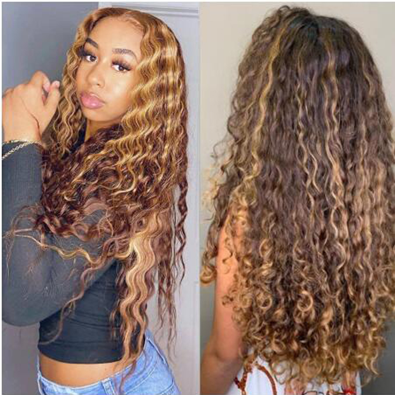 Lace Wigs Curly Human Hair Wig Honey Blonde Ombre Brazilian Brown Color Deep Water Wave Hd Full Frontal Highlight Bob Part