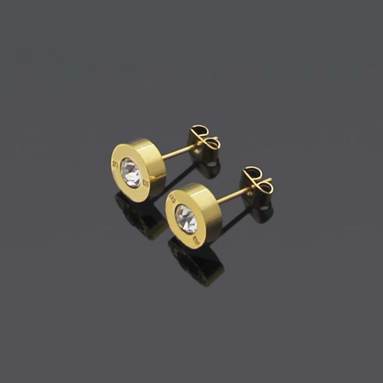 Europe America Style Lady Women Titanium Steel Engraved B Initials Single Diamond Round Stud Earrings 3 Color