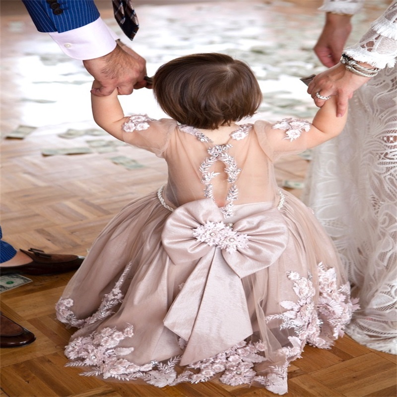 Cute Christening Dresses For Baby Girls Beaded Appliques Jewel Neckline Floor Length Baptism Dress Tulle First Communication Dress