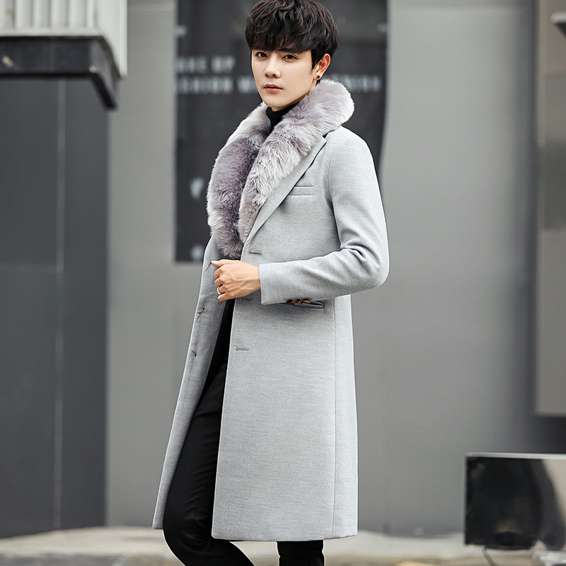 Men's Wool & Blends Winter 2021 Korean Fashion Slim Woolen Overcoat Mid-Length Large Fur Collar Trench Coat