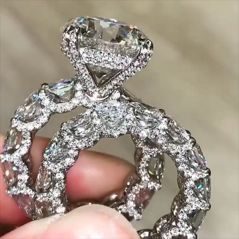 ring Luxury Jewelry 925 Sterling Silver Large Round Cut White Topaz CZ Diamond Couple Rings Women Wedding Bridal Ring