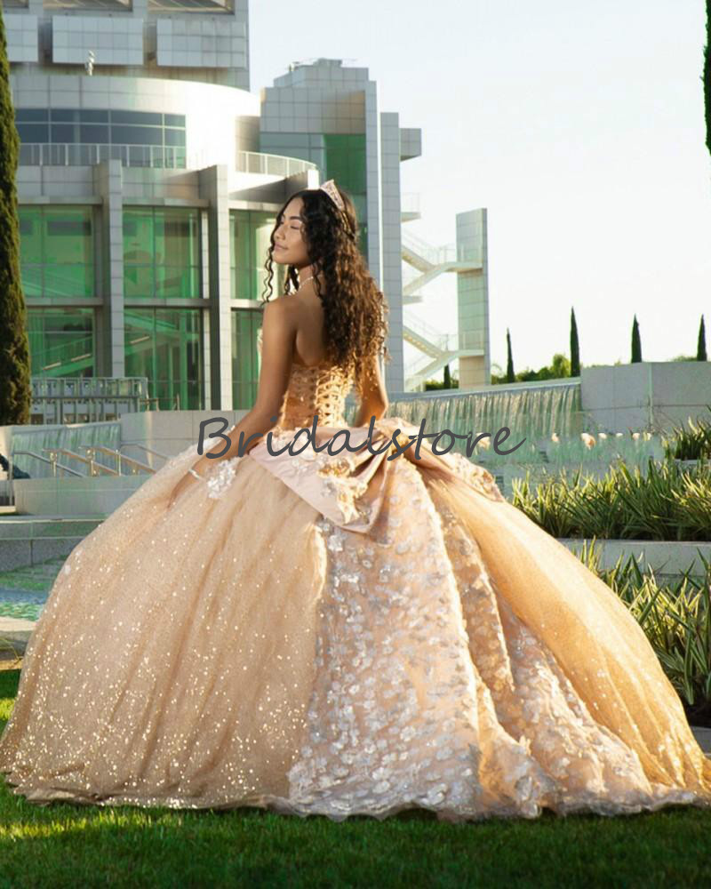 Custom Made Gold Quinceanera Dresses 2020 Sparkly Sequins Fluffy Ball Gown Prom Dresses With Flowers Beaded Sweet 16 Dress Corset Evening