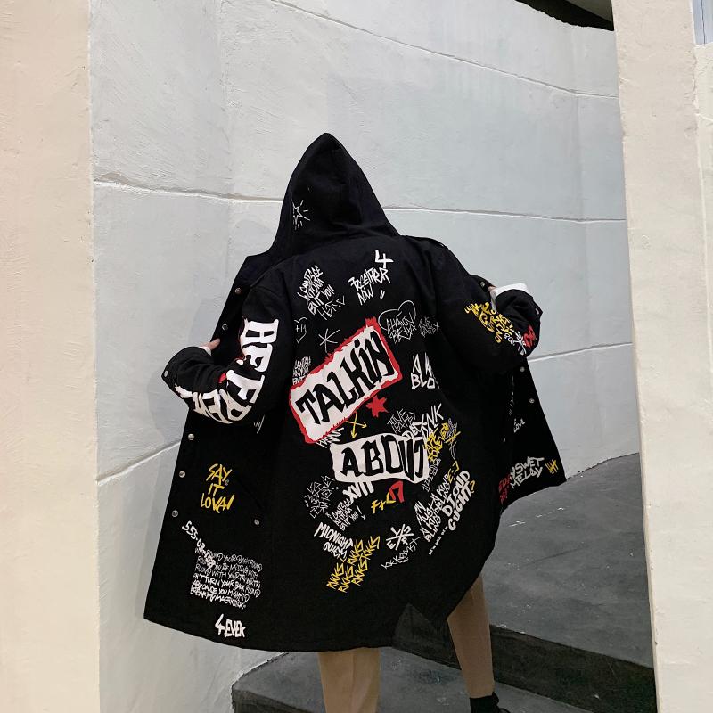 Letter Print Jacket and Graffiti Trench Coat for Mens Hip Hop Fall Clothing Harajuku Fashion Long Overcoat with Hood Windbreaker
