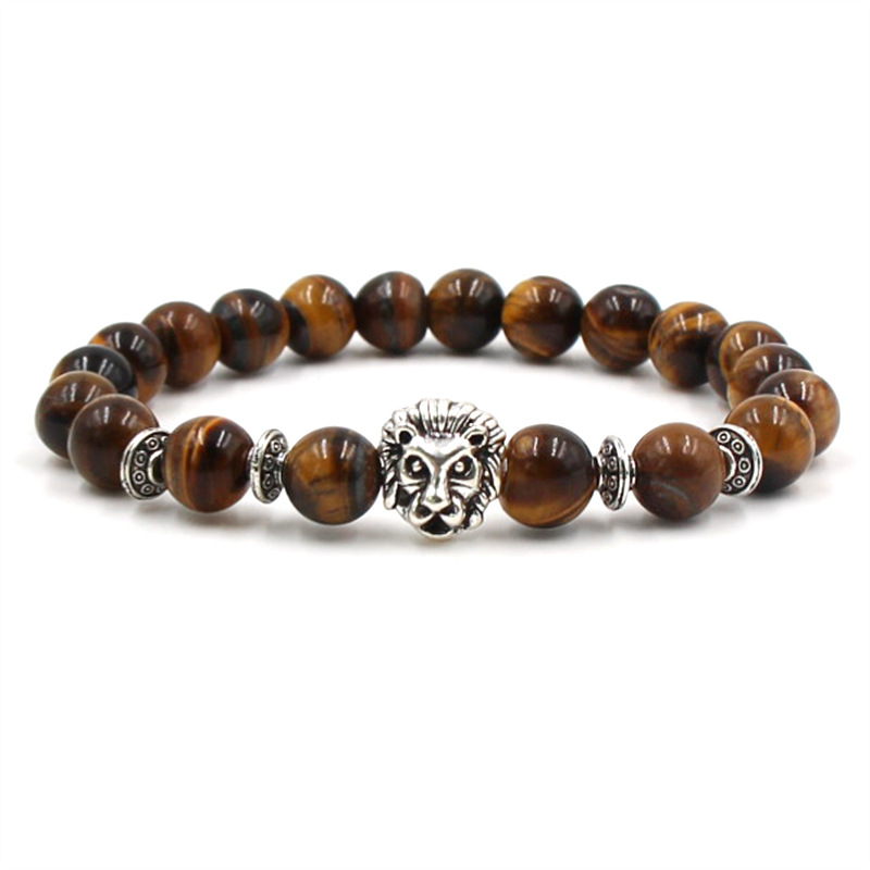 Silver Color Leopard Head Men Bracelet Natural Healing Energy Tiger Eye Stone Beads Bracelets Women Jewelry Friendship Pulseras