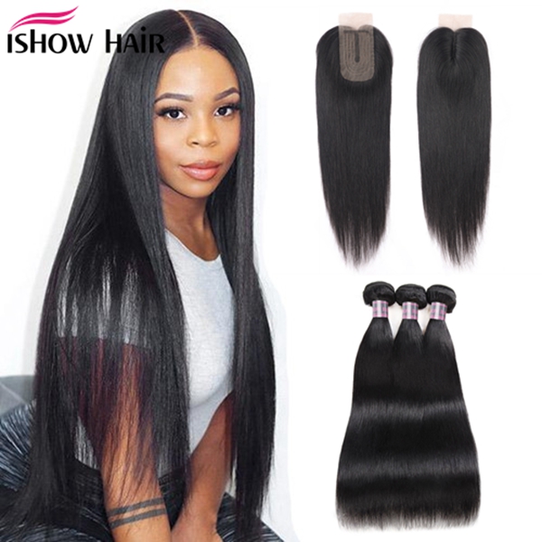 Ishow Human Hair Bundles With Closure Straight Virgin Hair Extensions 3/4pcs With 2x3 Lace Closure Straight