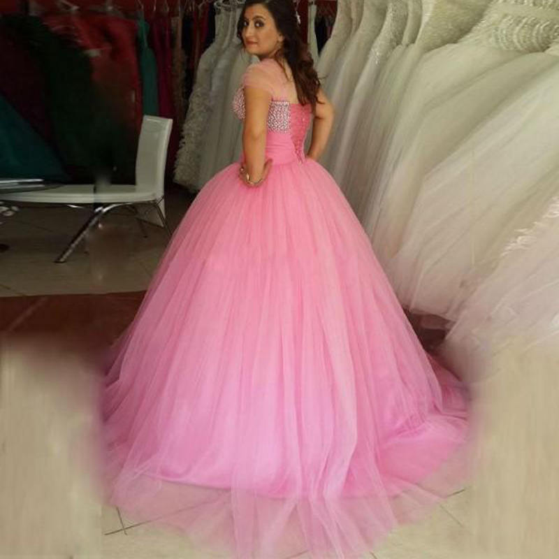 Sheer Quinceanera Dresses Off Shoudler Prom Dresses with Beaded Sweetehart Sweet 16 Prom Party Gowns Lace Up Sweep Tulle Evening Dresses
