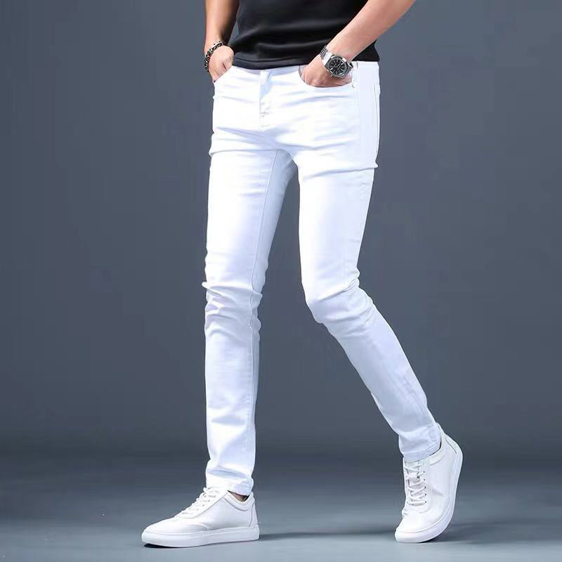 Mens Fashon White Jeans Skinny Denim In Full Length High Street Motorcycle Pants Free Shipping B4