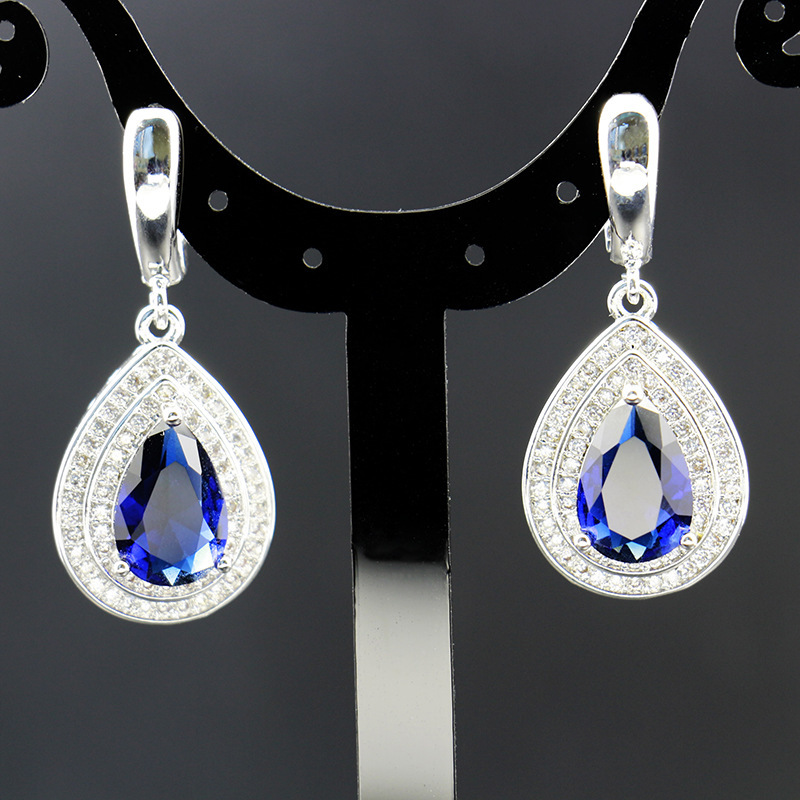 Bague Ringen Water Drop Shaped Sapphire Silver 925 Jewelry Sets for Women Blue Gemstones Ring Earrings Necklace Bracelet Wedding M