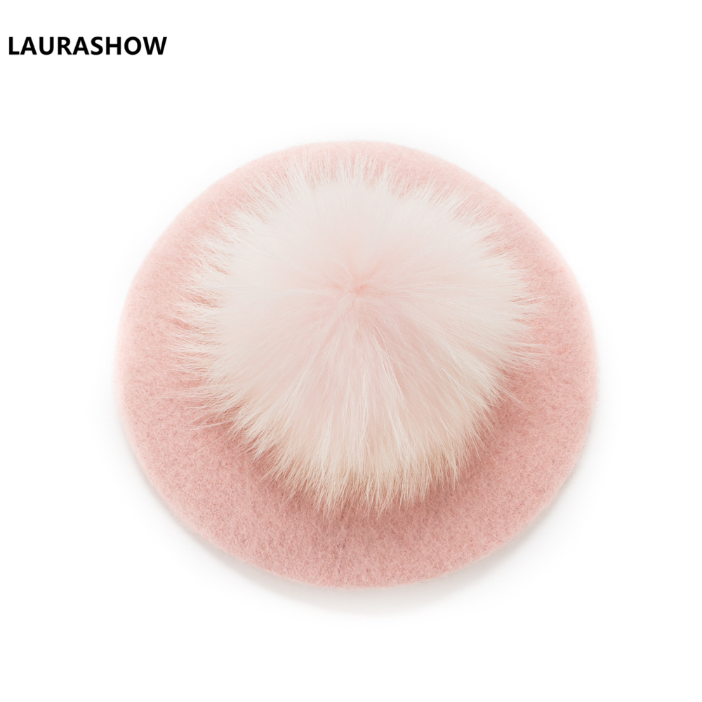 Laurashow Baby Beret Warm Wool Winter Beanie Hat With Real Fur Ball Pom Poms Girl Vintage Plain Kids Beret Hats Parent-child Cap LJ200917