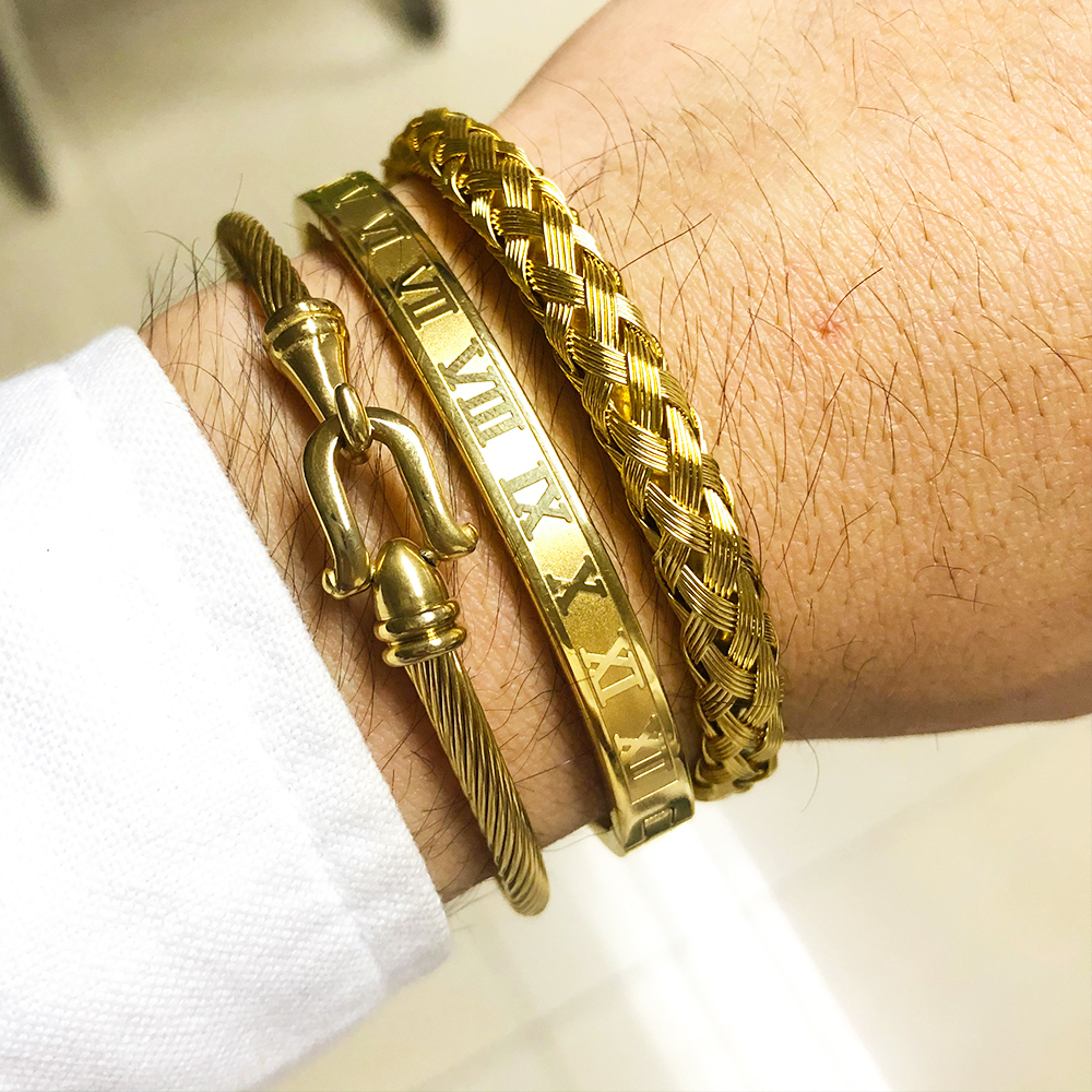 3pcs/Set Royal Roman Bracelets & Bangles Cable Wire Love Bangles For Men Stainless Steel Pulseiras Men Jewelry Accessories LJ200918