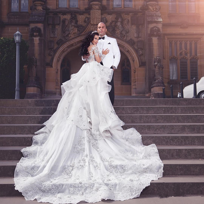 Beaded Graceful Mermaid Lace Wedding Dresses With Detachable Train High Neck Plus Size Rhinestones Bridal Gowns Long Sleeves Robe De Marie