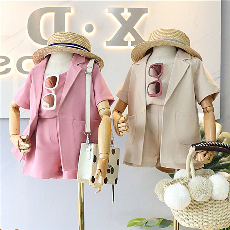 2-7T Fashion Baby Girls 3pcs suit Infant kids Clothes Sets Solid Vest Tops Short Sleeve Blazer Coat Shorts summer OutfitsX1019
