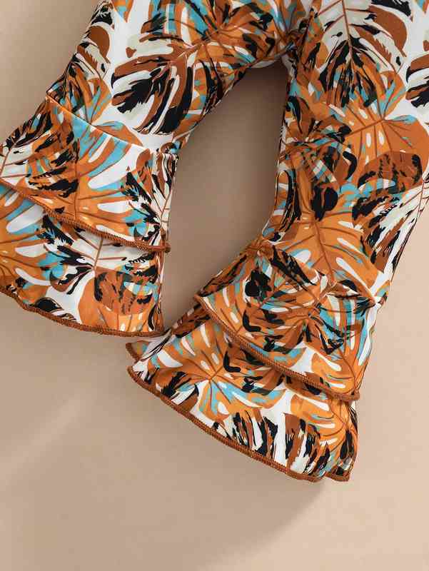 Baby Slogan Graphic Cold Shoulder Bodysuit & Tropical Print Flare Leg Pants With Headband SHE