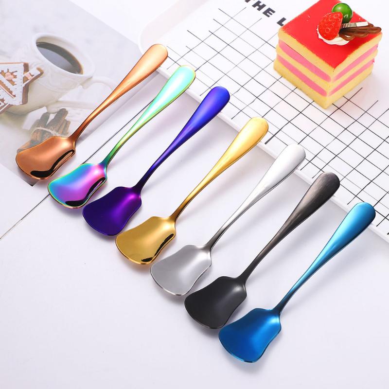 Stainless Steel Spoon Shovel Mini Coffee Spoons Titanium Plating Colorful Rainbow Rose Gold Tableware Square Head Teaspoons Gift