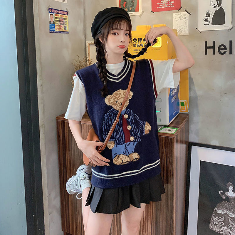 Little Bear Knitted Sweater Women Autumn Style Korean Lazy Loose Pullover Vest Outer Jacket College Style Vest 201224