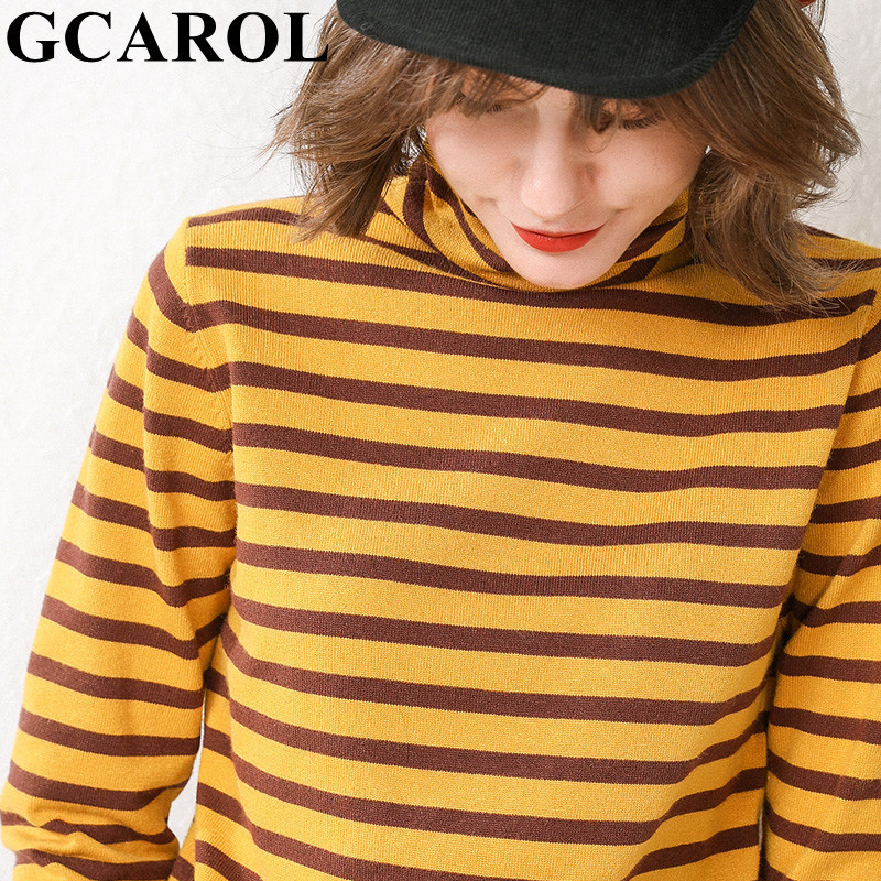 GCAROL New Women 30% Wool Sweater Stripes Turtleneck Knit Pullover Stretch Oversize Jumper Warm Base Render Knitted Tops S-3XL 201111wtt