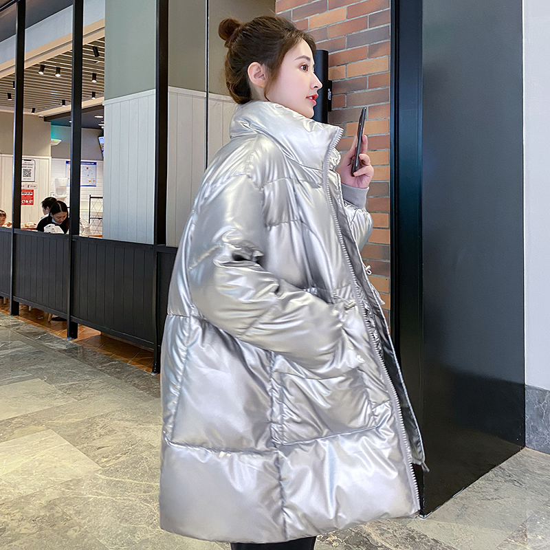 Long Parkas Female Winter Stand Collar Oversized Shiny Women's Jackets Solid Thick Big Pockets Loose Casual Overcoat Female 201214