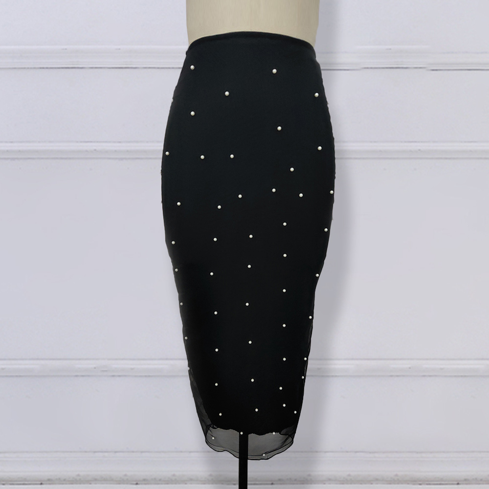 Women Black Pencil Skirts Long High Waist Slim Mesh Beading Modest Classy Female Package Hip Jupes Falad Office Elegant Fashion T200113