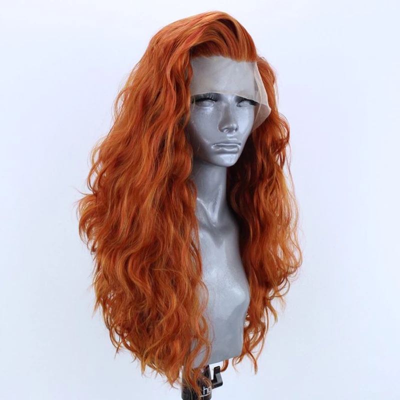 Orange Heat Resistant Fiber Hair Synthetic Wigs for Women Long Body Wave full lace Front wig Cosplay Wig with Side Part
