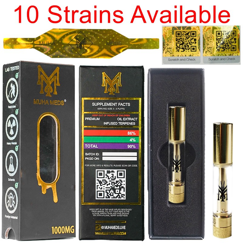 10 Strains Muha Meds Vape Cartridge Packaging Live Resin Empty Vape Carts 0.8ML Gold Tank Thick Oil Ceramic Atomizer 510 Thread
10 Strains Muha Meds Vape Cartridge Packaging Live Resin Empty Vape Carts 0.8ML Gold Tank Thick Oil Ceramic Atomizer 510 Thread