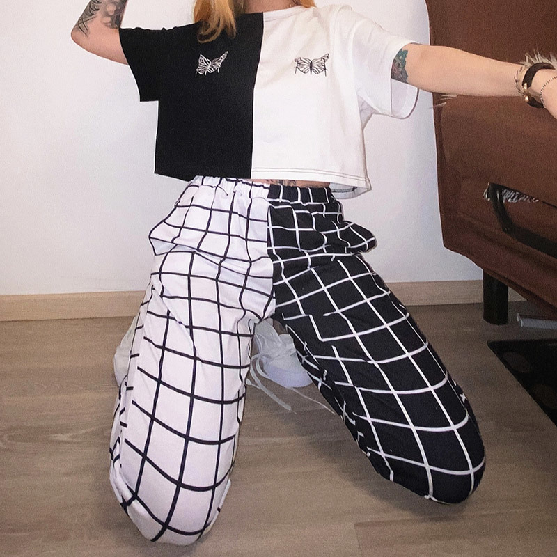 Women's Plaid Patchwork Cargo Pants Elastic High Waist Streetwear Female Trousers Spring Summer Casual Fashion Lady Bottoms 201228